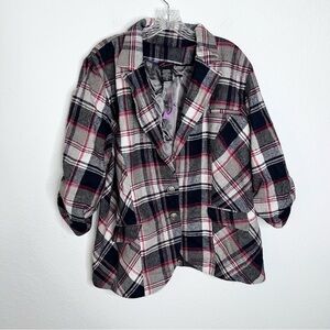 Torrid Blazer Women 4 4X 26 Plaid Ruched 3/4 Sleeve Jacket Gray Red Black